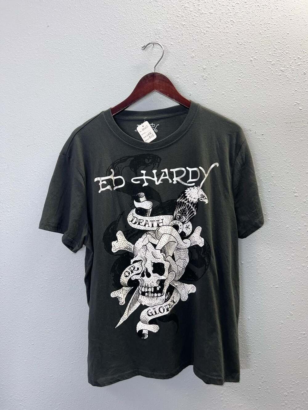 Vintage Ed Hardy Graphic T Shirt Death Or Glory Skull Snake Grey Y2K L 0403